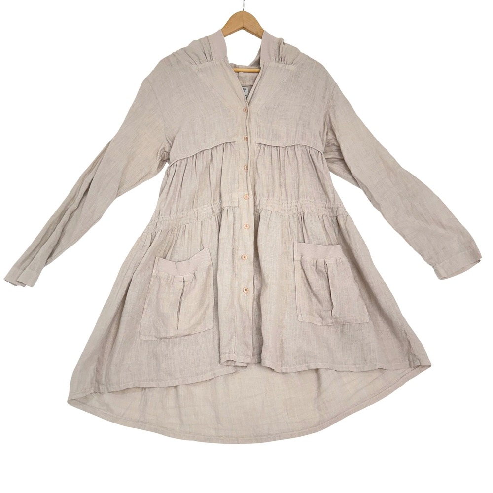 Lagenlook Completo Lino by‎ Arthurio Beige Linen Hooded Tunic Dress Boho Sz M